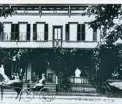 The Central House on Main Street built in 1892. Richard Mackey, proprietor shown with horse and wagon. Old Central House burned in 1891 along with the Shoudy House and the Gardner Enders store. It was located opposite the Fire House Parking lot. Courtesy of the Duanesburg Historical Society.